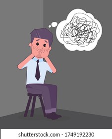 A man is afraid of internal fears, a depressed state. Nervous breakdown. A person needs psychological consultation. Vector illustration.