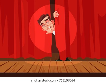 Man afraid of perform stage. Phobia concept. Vector flat cartoon illustration