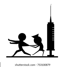 Man afraid syringe with nurse when the time to Vaccine with vector funny icon on illustration isolated white background   