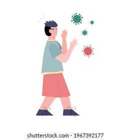 Man Afraid Of Viruses And Germs, Flat Vector Illustration Isolated On White Background. Mysophobia Disorder Or Pathological Fear Of Contamination And Germ.