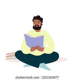 Man African American black sitting reading a book. Vector illustration