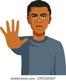 
Man of African Ethnicity Making Stop Gesture Vector Illustration. Sad unhappy guy feeling uncomfortable fighting discrimination.
