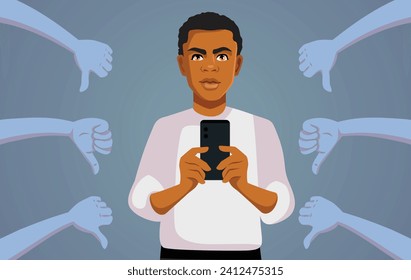 
Man of African Ethnicity Reading Upsetting Online Comments Vector Drawing. Young person receiving hate and harassment on social media nowadays 
