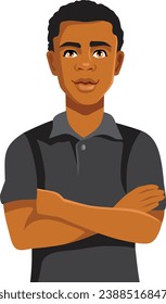 
Man of African Ethnicity Standing with Arms Crossed Vector Portrait. Cheerful handsome guy feeling strong and confident 
