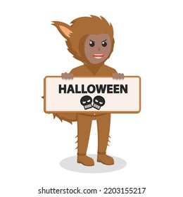 Man african With Werewolf Costume holding sign halloween design character on white background