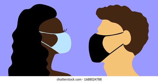 Сaucasian Man and African Woman in blue and black medical masks. Protection against viral infections and COVID-19 concept. Male, female head silhouette wearing face mask to prevent disease, pollution.