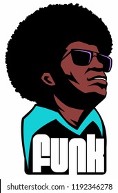 Man with the afro hair and sunglasses, funk style logo.