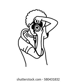 man with afro hair taking pictures photo camera - illustration vector doodle hand drawn, isolated on white background