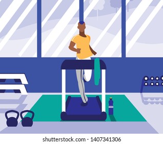 man afro with runner machine in gym