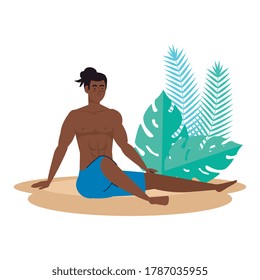 man afro in shorts sitting on the beach with tropical leaves decoration, summer vacation season vector illustration design