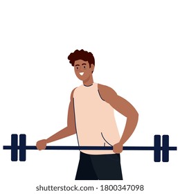 man afro with weight bar, exercise sport recreation vector illustration design