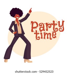 Man in afro wig and 1970s style clothes dancing disco, cartoon style invitation, greeting card design. Party invitation, advertisement, Young man in star sunglasses and afro wig dancing at retro disco