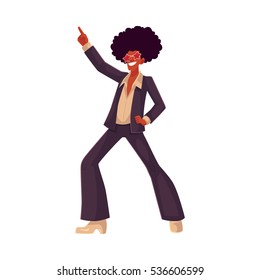 Man in afro wig and 1970s style clothes dancing disco, cartoon style vector illustration isolated on white background. Young man in star sunglasses and afro wig dancing at retro disco party