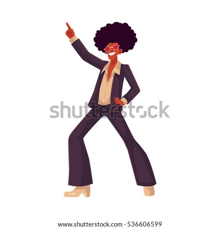 Man in afro wig and 1970s style clothes dancing disco, cartoon style vector illustration isolated on white background. Young man in star sunglasses and afro wig dancing at retro disco party