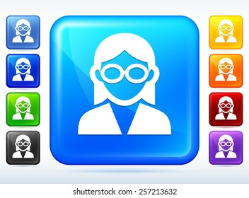 Man with Afro Woman with Glasses on Color Square Buttons