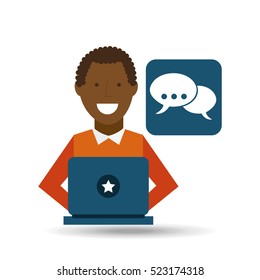 man afroamerican using laptop bubble speech media icon vector illustration eps 10