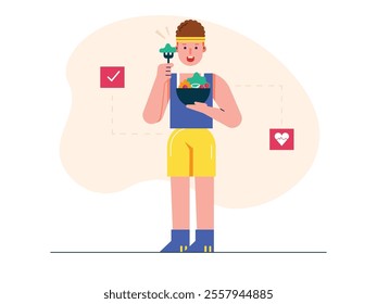 Man after exercise eating vegetables, on a diet to maintain body. Character design. Vector flat illustration