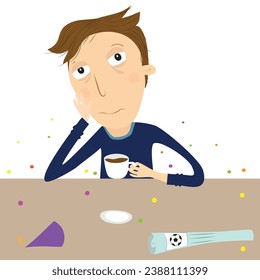 Man after new year party, or other party, sleepy or with hangover drinking coffee. Vector Illustration.