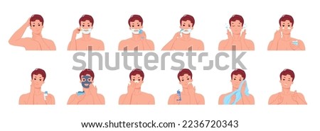Man after shave. Male character does personal skincare routine, beard grooming moisturize skin face care after shaving or shower, guy facial cosmetology, swanky vector illustration