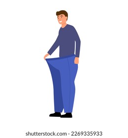 Man after weight loss trying his old jeans in flat design on white background. Good shape guy after dieting and exercise.