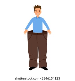 Man after weight loss trying his old trousers in flat design on white background. Good slim shape healthy guy after dieting and exercising.