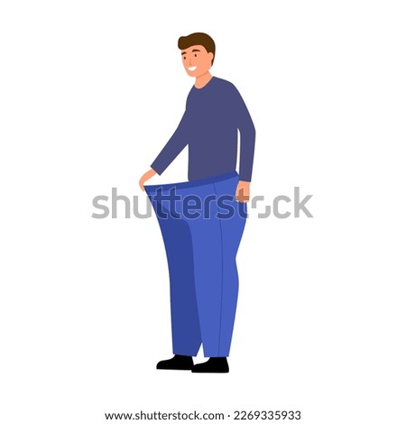 Man after weight loss trying his old jeans in flat design on white background. Good shape guy after dieting and exercise.