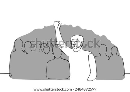 man against the background of the crowd stands shouting with his fist raised in the air, protest leader - one line art vector. concept protest, leadership, revolution. Handmade vector not AI