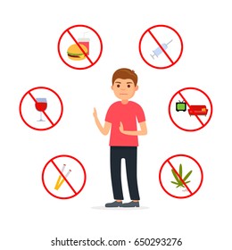 Man against bad habits. Illustration of bad habits. To stop bad habits and unhealthy lifestyle. Vector images in cartoon style