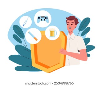 Man against bad habits. Young guy with shield near icons of alcohol, cigarettes, drugs and joystick. Stop smoking, drinking and playing computer games. Flat vector illustration