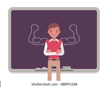 Man against the blackboard with drawn strong arms. Cartoon vector flat-style concept illustration