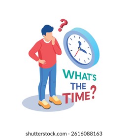 Man against Clock asking, What's The Time? Cartoon illustration, young man Stands in front of a giant clock vector, Time Management