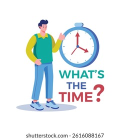 Man against Clock asking, What's The Time? Cartoon illustration, young man Stands in front of a giant clock vector, Time Management