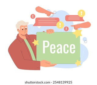 O homem contra os conflitos. Jovem com sinal da paz perto de comentários nas redes sociais. Parem de odiar na Internet. Conversa e diálogo online. Ilustração de vetor plano isolada no plano de fundo branco