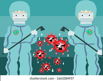 Man Against Corona virus. Protection from virus. Protector vs corona virus. Staff sterilize covid19. Fight virus 