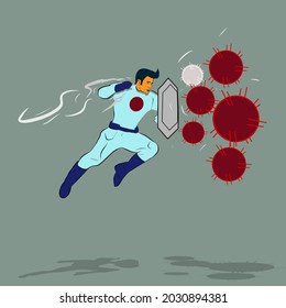 Man against Corona virus. Protection from viruses. men vs coronavirus. sterilize covid19. fight viruses.