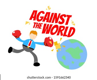 man against punch the world cartoon doodle flat design style vector illustration