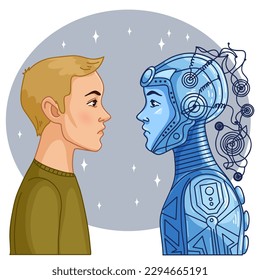 Man against robot, conceptual illustration of confrontation or competition between human and new technology, vector image, eps10
