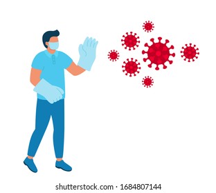 Man against virus attack, wearing mask and gloves. Infection protection. Vector illustration
