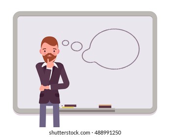 Man against the whiteboard with drawn dialogue cloud. Cartoon vector flat-style concept illustration