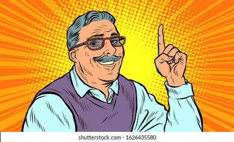 Man aged index finger up. Pop art retro vector illustration 50s 60s style