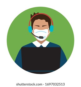 man agent call center with face mask vector illustration design