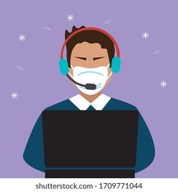 man agent call center with face mask and laptop vector illustration design
