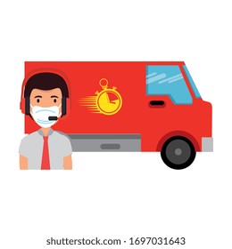 man agent call center using face mask with van vehicle vector illustration design