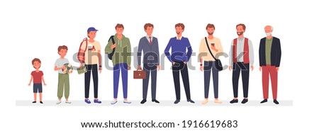 Man ages, different generation concept vector illustration. Cartoon male characters in aging stage process standing in line, people growth from childhood to adulthood and old age isolated on white