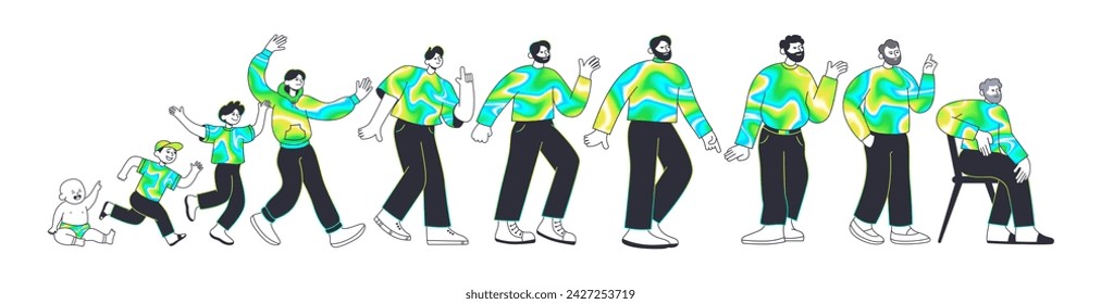 Man ages set. Man life stages from infancy to seniority. Male growth, development, and aging process. Vector illustration.