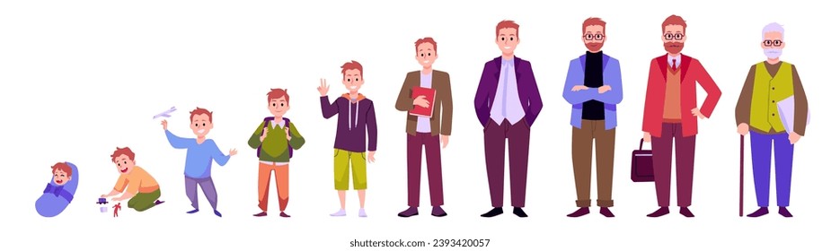 Man aging from newborn to old person, flat vector illustration isolated on white background. Stages of persons aging and development. Lifes cycle, different generations.