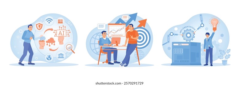 Man with AI automated chatbot. Businessmen and colleagues evaluate work processes. Businessman apply manufacturing process innovation. Project implementation concept. Set flat vector illustration.