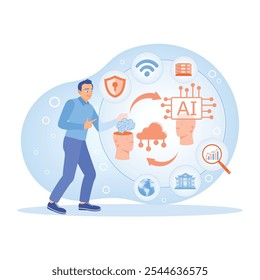 Hombre con el chatbot automatizado de la IA. Mejore los procesos de flujo de trabajo. Concepto de implementación del proyecto. Ilustración vectorial plana.