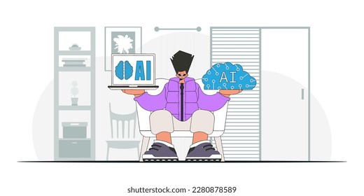 Man with AI brain in trendy style, illustrated in vector format
