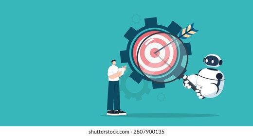 A man and an AI robot analyze a target together through a magnifying glass against a gear backdrop, representing technology optimization and goal achievement.